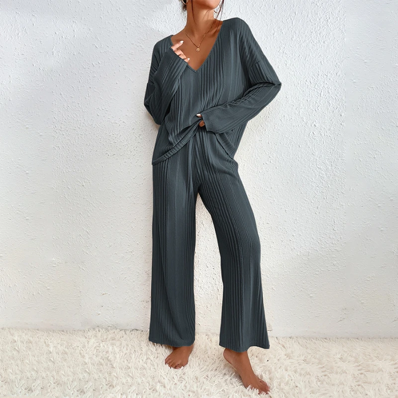 

Autumn and Winter Women's Home Clothing Set Long Sleeve Long Pants Two Piece Set Ribbed Warm Home Sleepwear