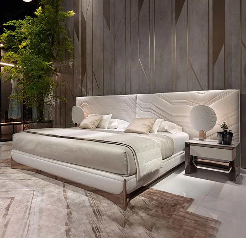−For Luxury Bedroom Furniture Modern Upholstered Leather Italian Bed With Extended Headboard King Size White Leather Bed&