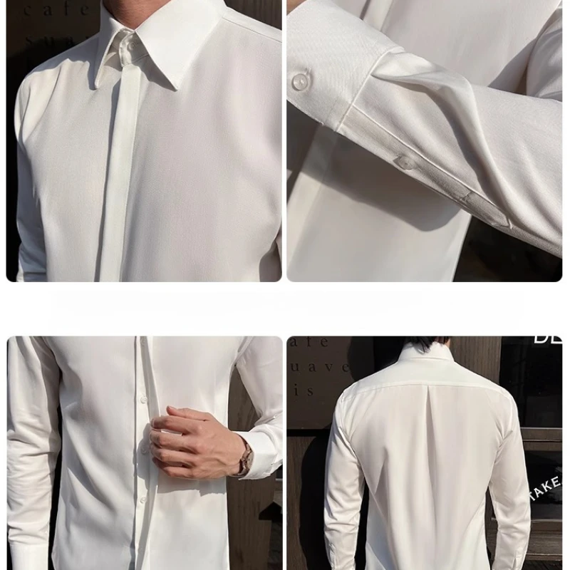 Męska koszula z ukrytą klapką - błękitna, biznesowa, casualowa, slim fit, ostre kołnierzyki, bez zmarszczek, wysokiej jakości wygląd, oddychająca