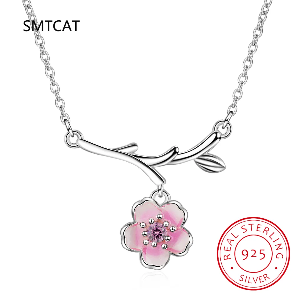 925 Sterling Silver Pink Cherry Blossom Necklaces Fashion Daily Jewelry Flower Pendant Necklace Colar de Prata S-N437