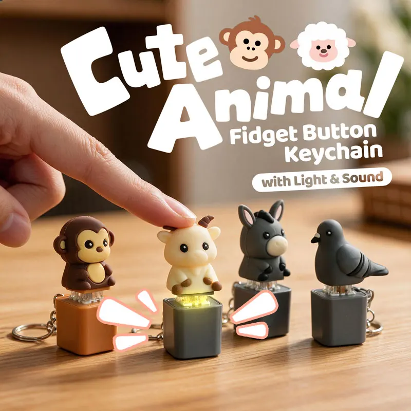 Rechargeable Animal Sound Light Clicker Keychain Cartoon Creature Fidget Button Toy Bag Pendant Stress Relief Novelty Desk Decor