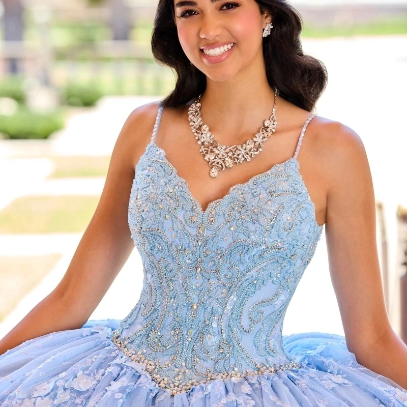 فستان Quinceanera من الدانتيل للفتيات ، فساتين حفلة موسيقية ، ثوب كرة ، مزين بالخرز ، حزام سباغيتي أزرق سماوي ، حفلة عيد ميلاد ، المكسيك