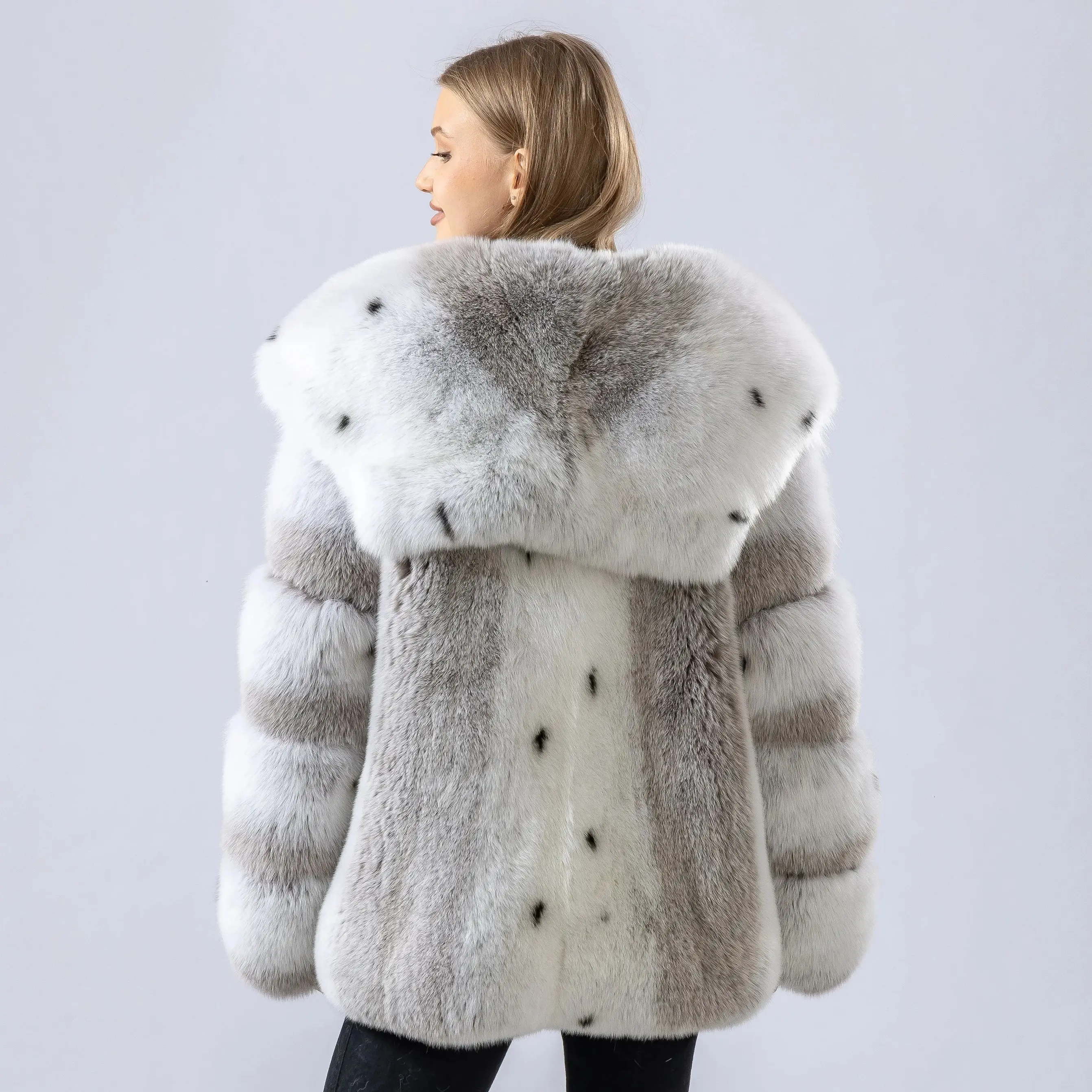 Sweet real fox fur coat with big turn down collar lynx color overcoat thick warm soft jacket length 64 cm 250461