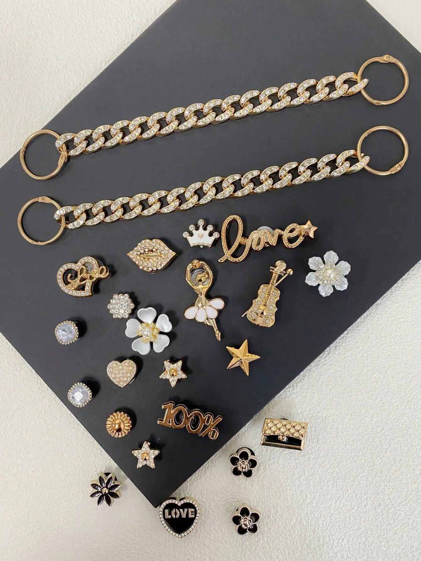 24 pcs  with detachable rhinestone chain Sparkly jewelry Flower Girl Love Embellished buckle shoe bag with accessories