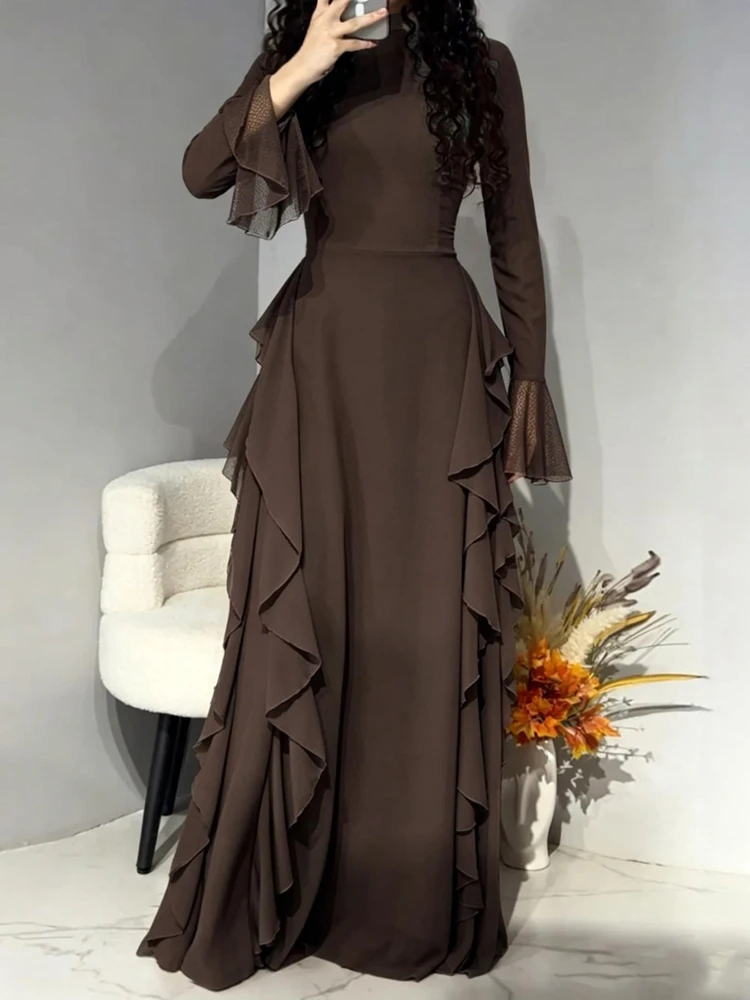 Women's Solid-Color Bell-Sleeve Maxi Dress, Perfect for Spring and Fall; Fitted Waist for a Slimming Effect