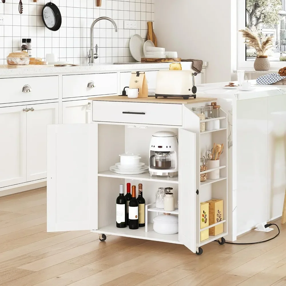 

Kitchen Island with Power Outlet, Kitchen Storage Island with Spice Rack and Drawer, Rolling Kitchen on Wheels, for Home, Dinin