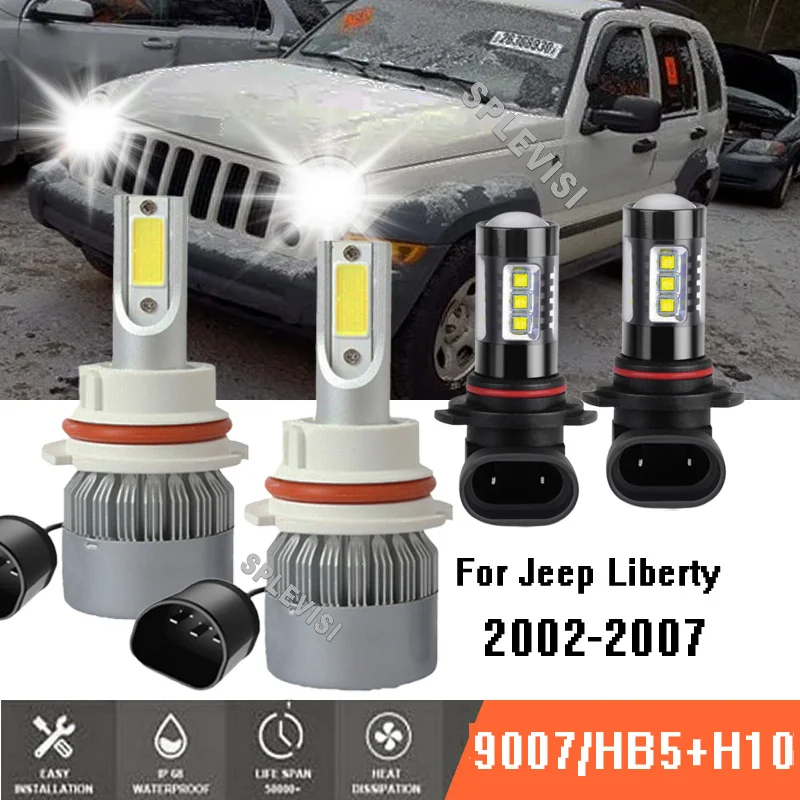 

4x 9007 Headlight High/Low Beam+9145/H10 Fog Lights 6000K LED Kit Car Auto for Jeep Liberty 2002-2007 2003 2004 2005 2006