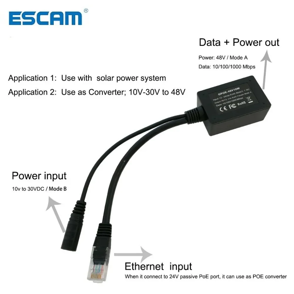 ESCAM Power Over Ethernet Output 48Volts PoE Converter for any 802.3af or 48V devices