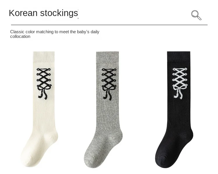 3 Paar kniehohe Slouch-Socken für Mädchen, schwarz, weiß, grau, Schleife, Frühling, stapelbare Strumpfhosen für Kinder von 3–12 Jahren, lässige Schulsocken – Detail 5