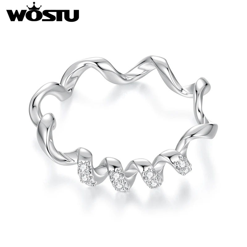 WOSTU Shiny Zircon Coil Ring For Women, Platinum Plated Unique Wrap Line Cocktail Party Rings Hypoallergenic Jewelry Gift