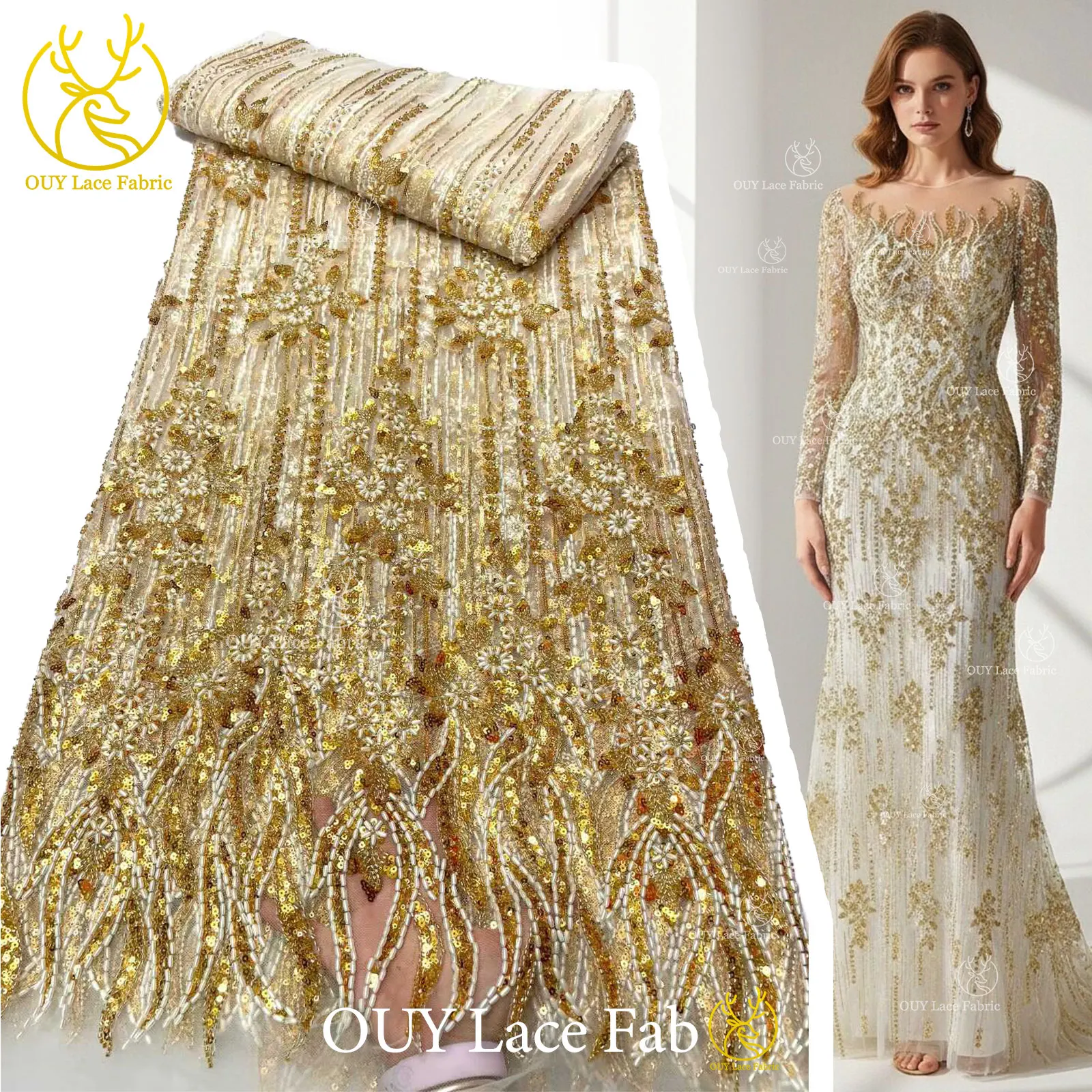 

Элитное золотое кружево с бисером в африканском стиле 2026, высококачественное французское кружево с пайетками и бисером для пошива нигерийских женских вечерних платьев