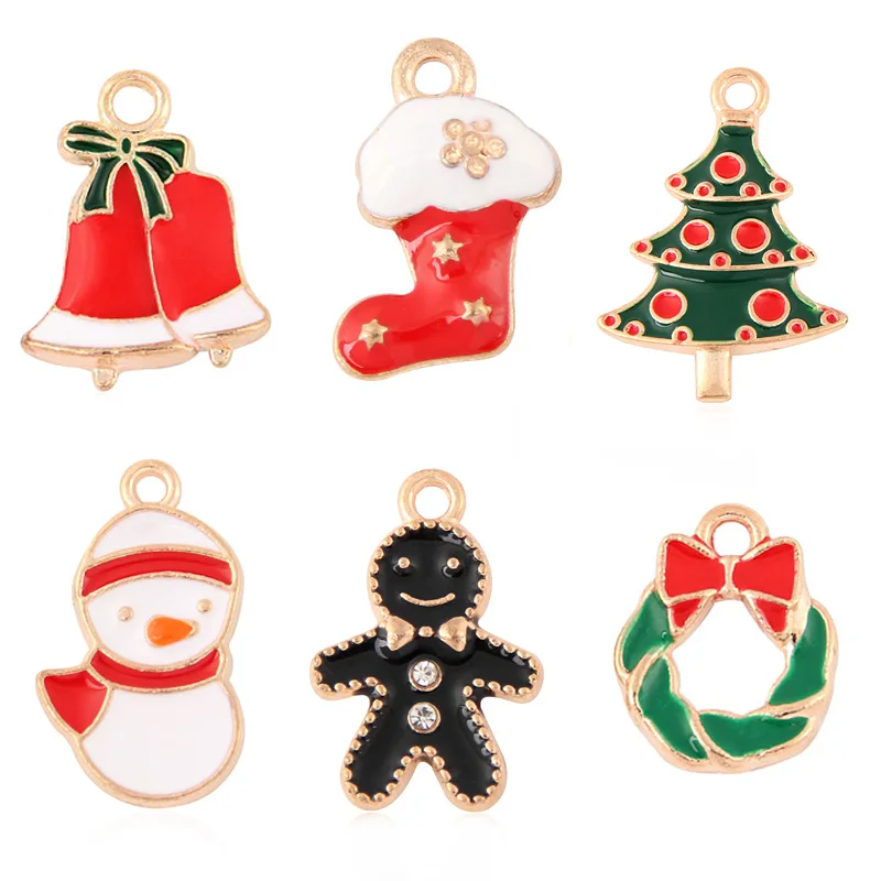 10pcs Gold Color Cute Enamel Christmas Stocking Snowman Santa Claus Charms Gingerbread Man Pendant For DIY Jewelry Accessories