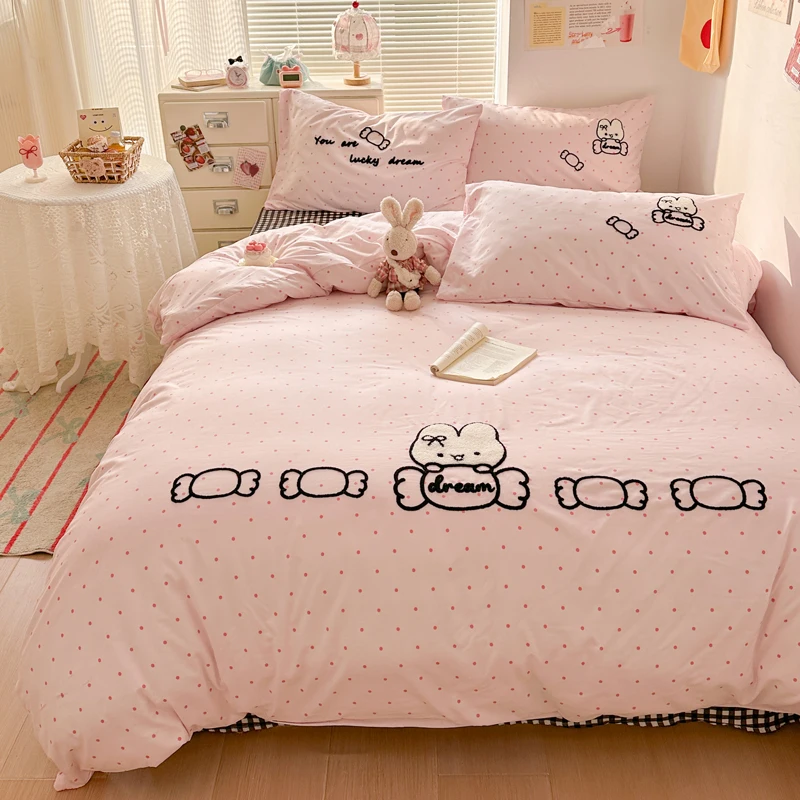 Towel Embroidery Bedsheet Set Polka Dot Printed Bedding Single/Double/Queen Size Soft Bed Linen Set Bedclothes juegos de sábanas