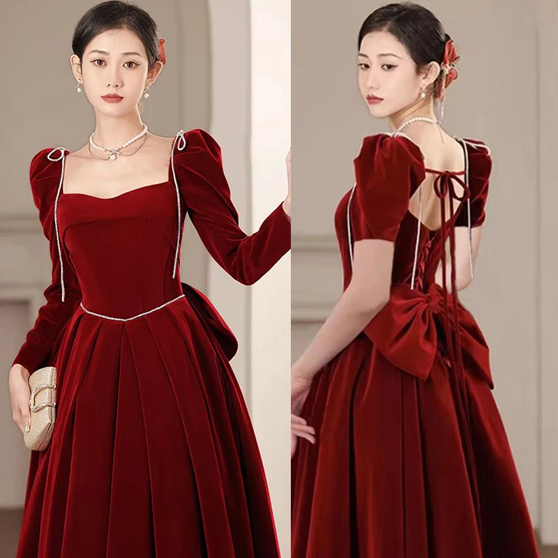 

Autumn Winter Burgundy Velvet Bride Wedding Dress Qipao Retro Palace Style Evening Party Dress Pleated Dress Sexy Maxi Dress