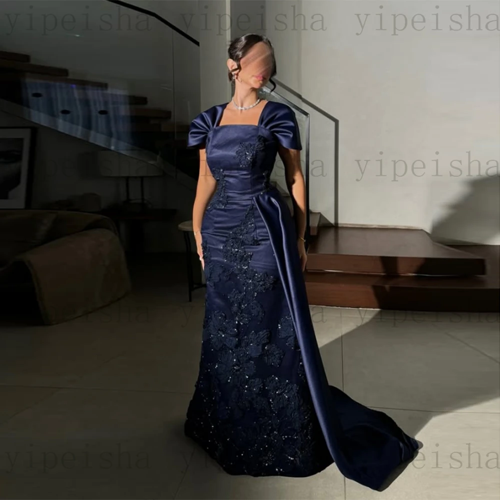 カスタマイズされたスクエアカラーイブニングドレス半袖背中の開いたスパンコールレースアップリケウエディングドレスネイビーブルーマーメイドパーティードレス