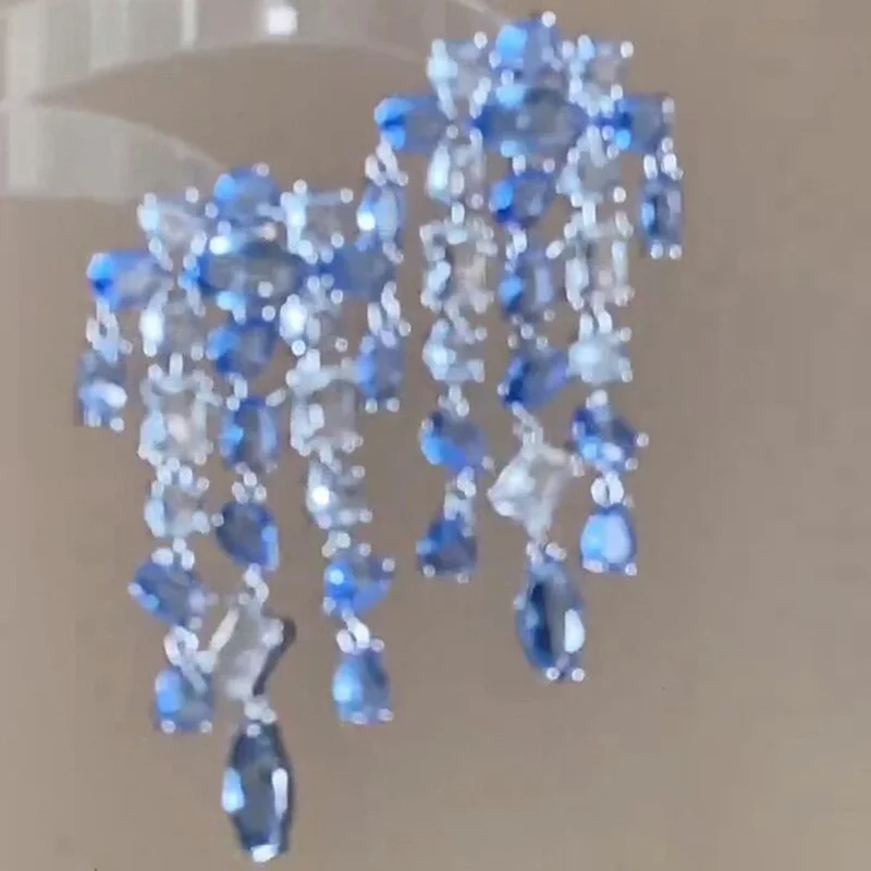 

Bling Ins Fashion 925 Silver Blue Crystal Tassel Drop Dangle Earrings 18K White Gold Plated Topaz Aquamarine Color Party Jewelry