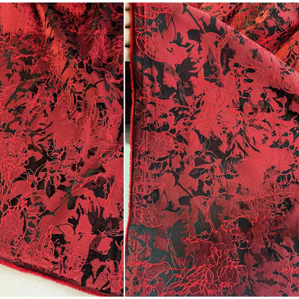 

Jacquard Fabric Red Creative Line Plant Texture Embroidery Outerwear Designer Apparel Sewing Fabric Cloth Polyester Material