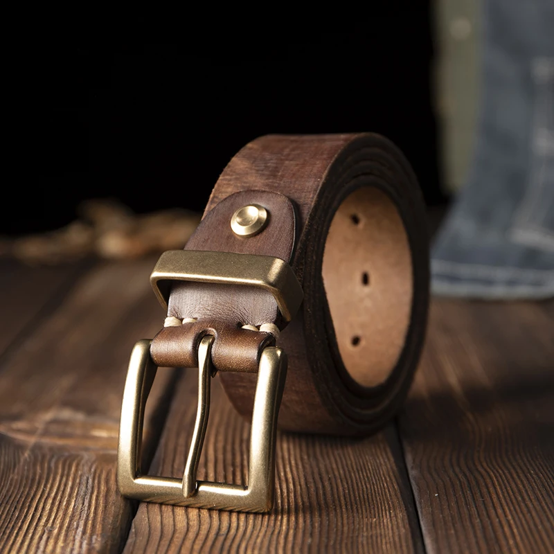 Handmade Vintage Genuine Leather Belt For Men Pure Copper Pin Buckle Pants Strap Male Excellent Clothing Accessories Jeans Belt