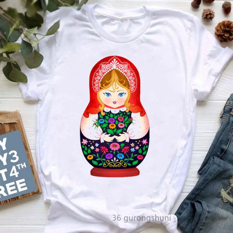 Russian Doll Cartoon Pure Cotton Printed Men's and Women's Fashion Trend T-shirt New Personalized Round Neck Casual T-shirt