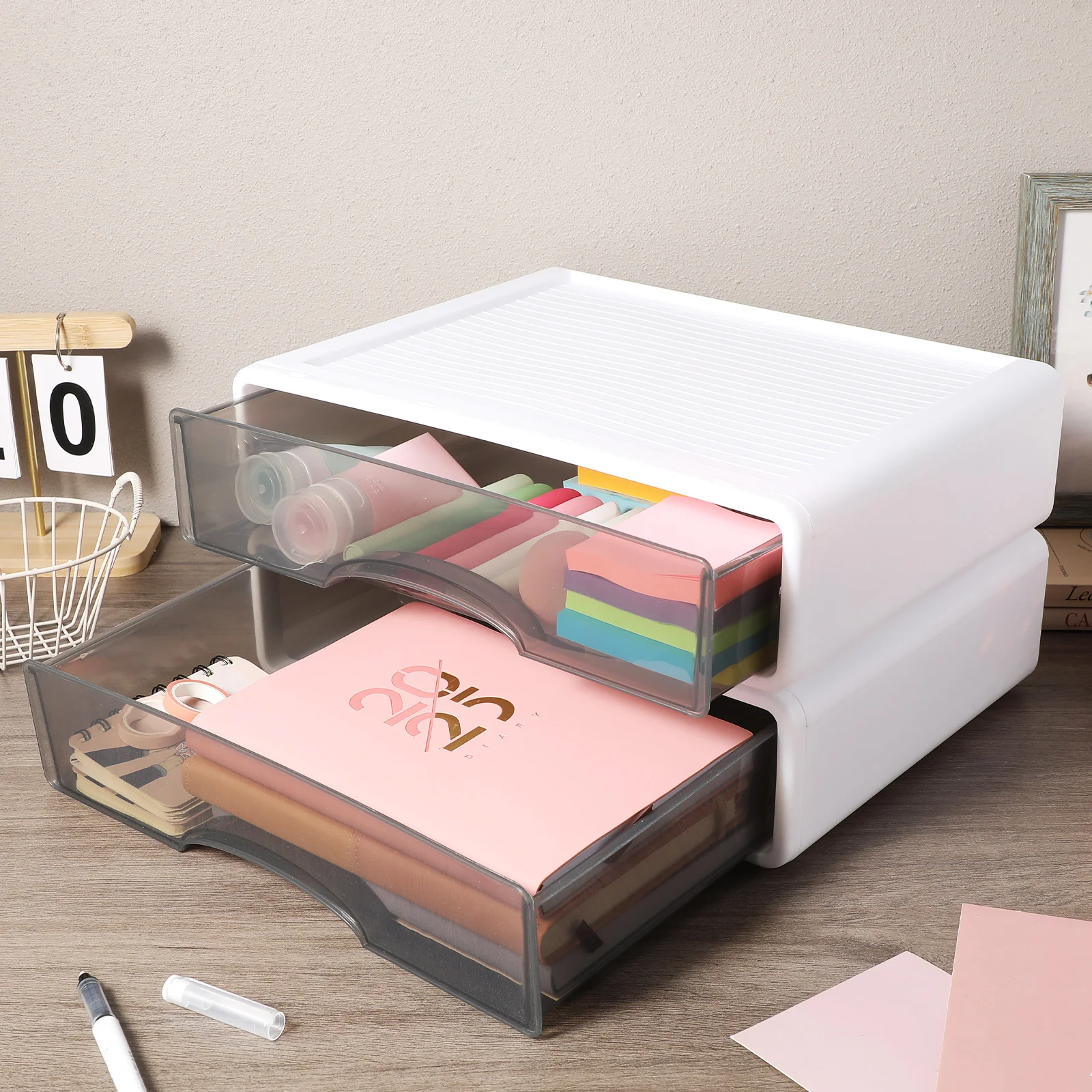 

2Pcs Desktop Drawer Cabinet Stackable Large Storage Box Makeup Organizer Office Supply Sundries Storage Holder