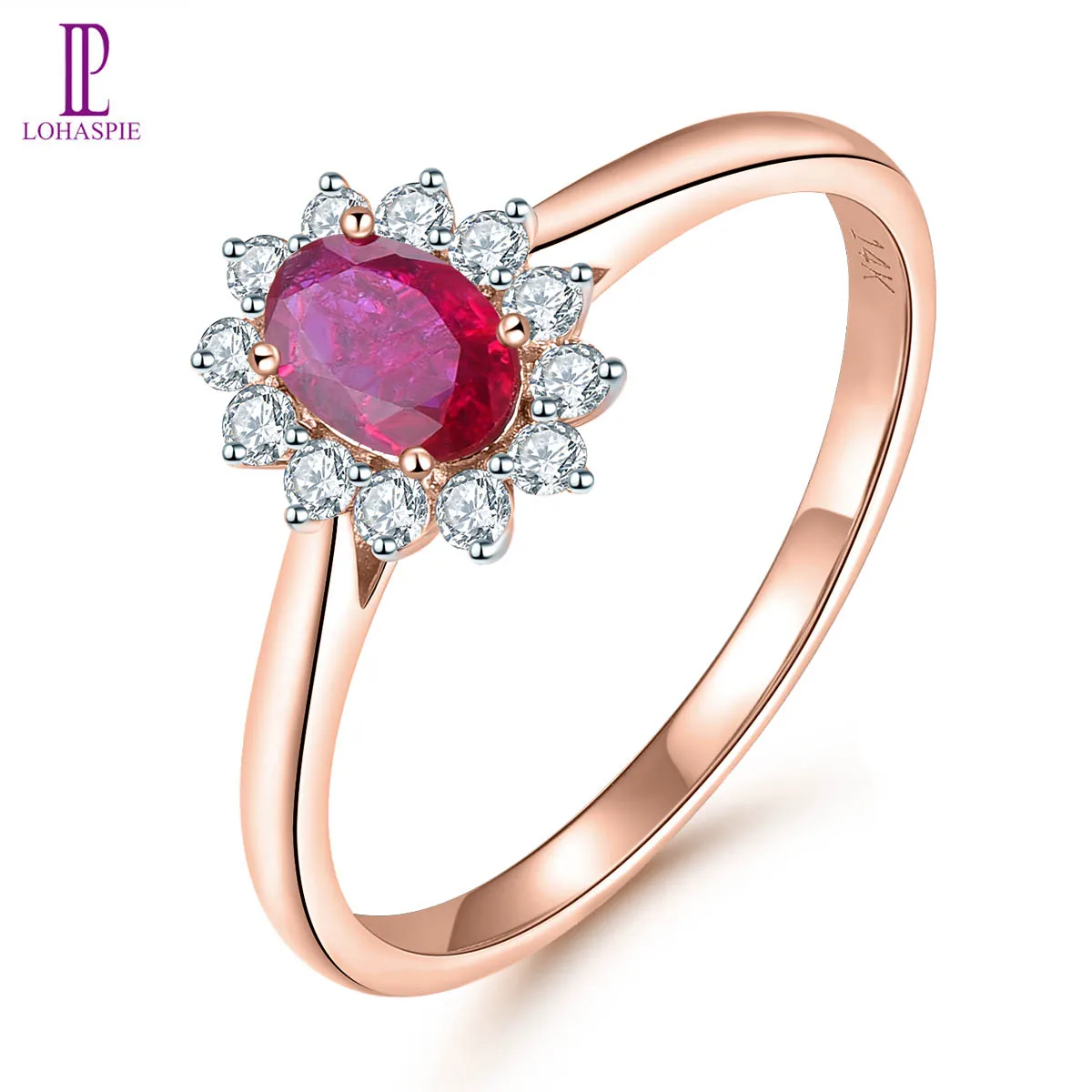 Lohaspie 14K Rose Gold Natural No Heated Ruby & Diamonds Ring 0.476 Carats Genuine Gemstone Sun Flower Shaped Fine Jewelry