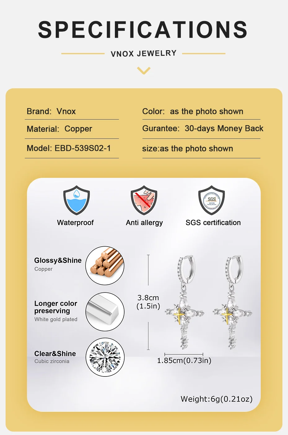 Vnox Zirkon-Kreuz-Ohrhänger für Männer und Frauen, Kupfermetall-Creolen-Ohrhänger, modischer Party-Unisex-Schmuck, Geschenke, neu – Detail 3