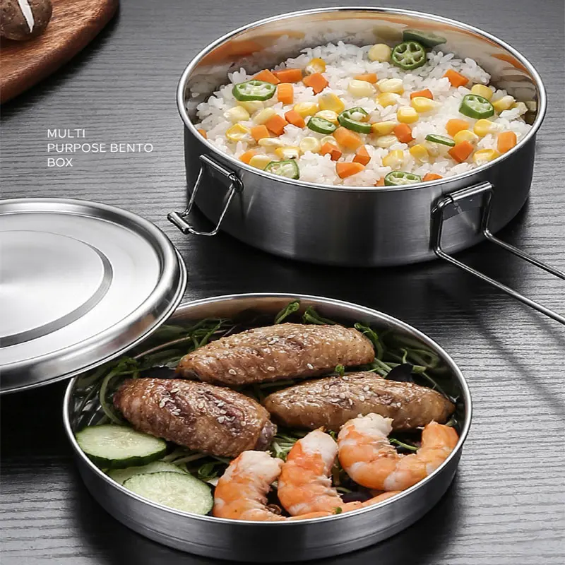 304 caixa bento de aço inoxidável 1100/1500ml portátil à prova de vazamento caixa de piquenique de dupla camada adequada para escritórios escolas lancheira redonda