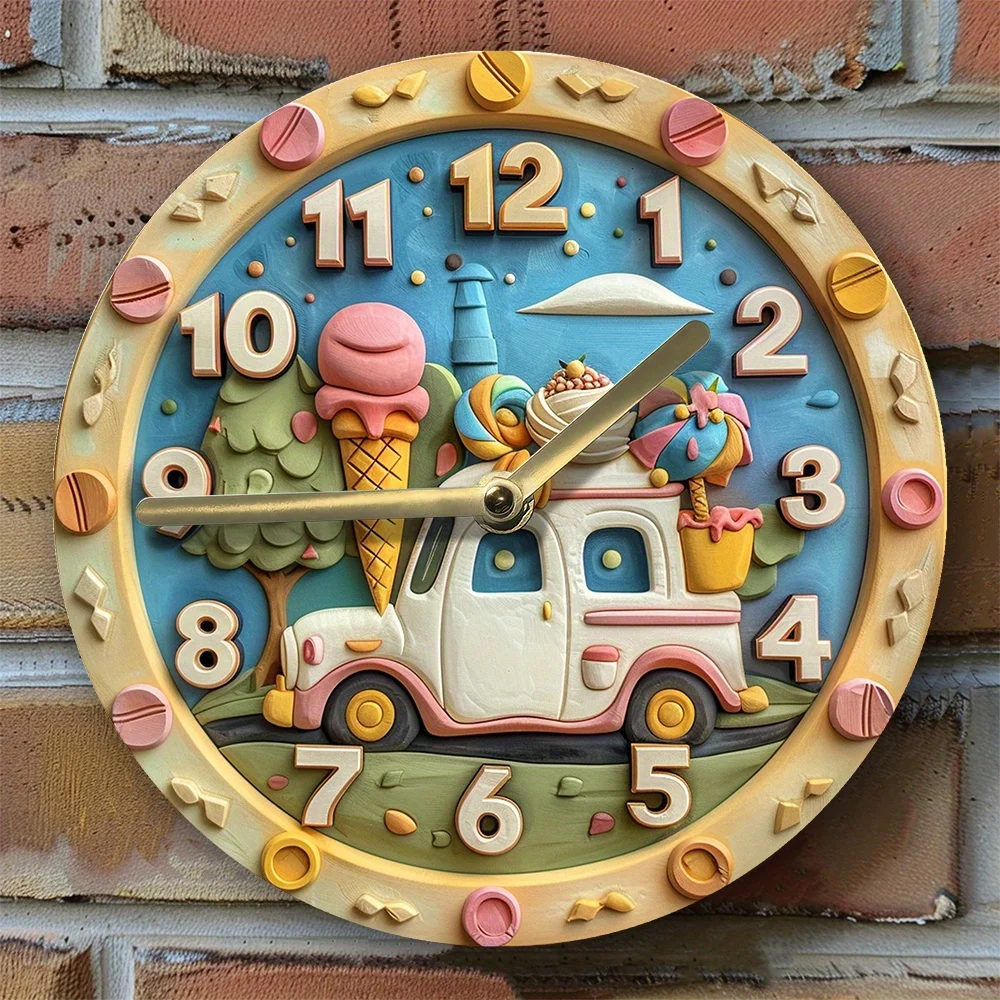 Ice Cream Truck Themed Wall Clock,DIY Assembly Kit, High-Definition 2D Print, Wall Decor for Living Room, Unique Graduation Gift