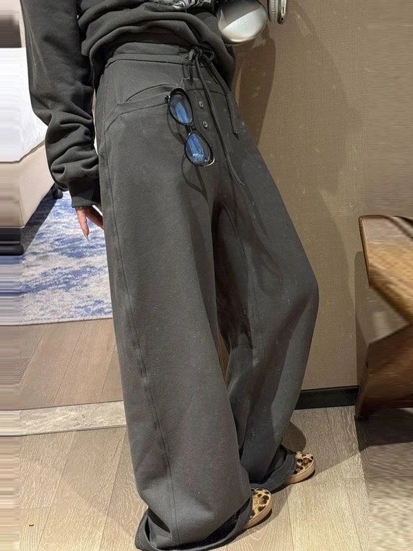 Retro Lazy Style Button Splice Drawstring Straight Leg Pants Women's Loose Casual Sweatpants High Waist Bell Bottoms