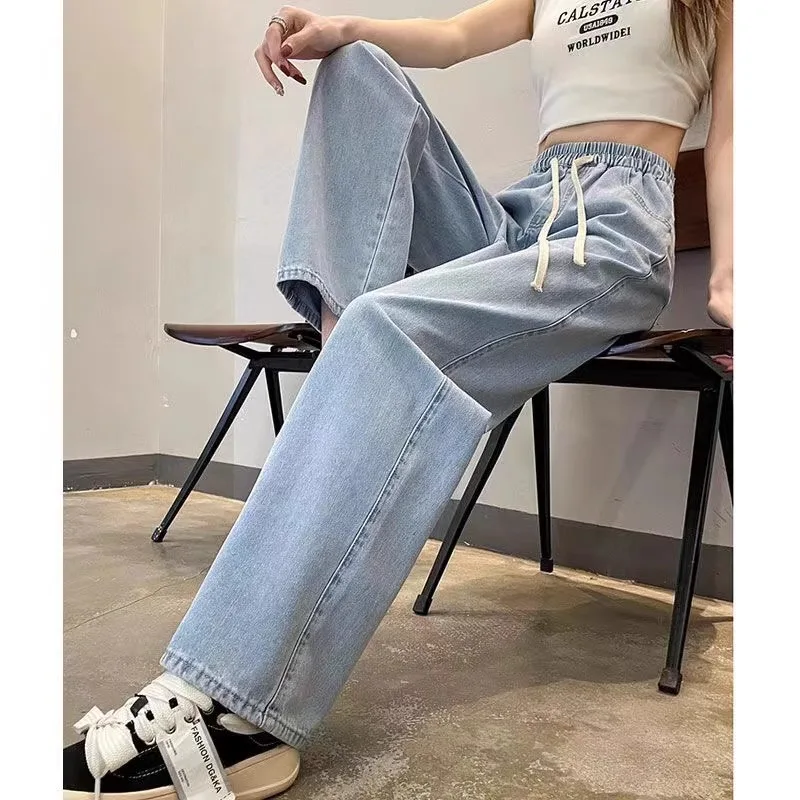 

High Waist Loose Fit Jeans Women's Light Blue Elastic Waist Wide Leg Pants Straight Cut Non-Stretch Denim Summer Fashion