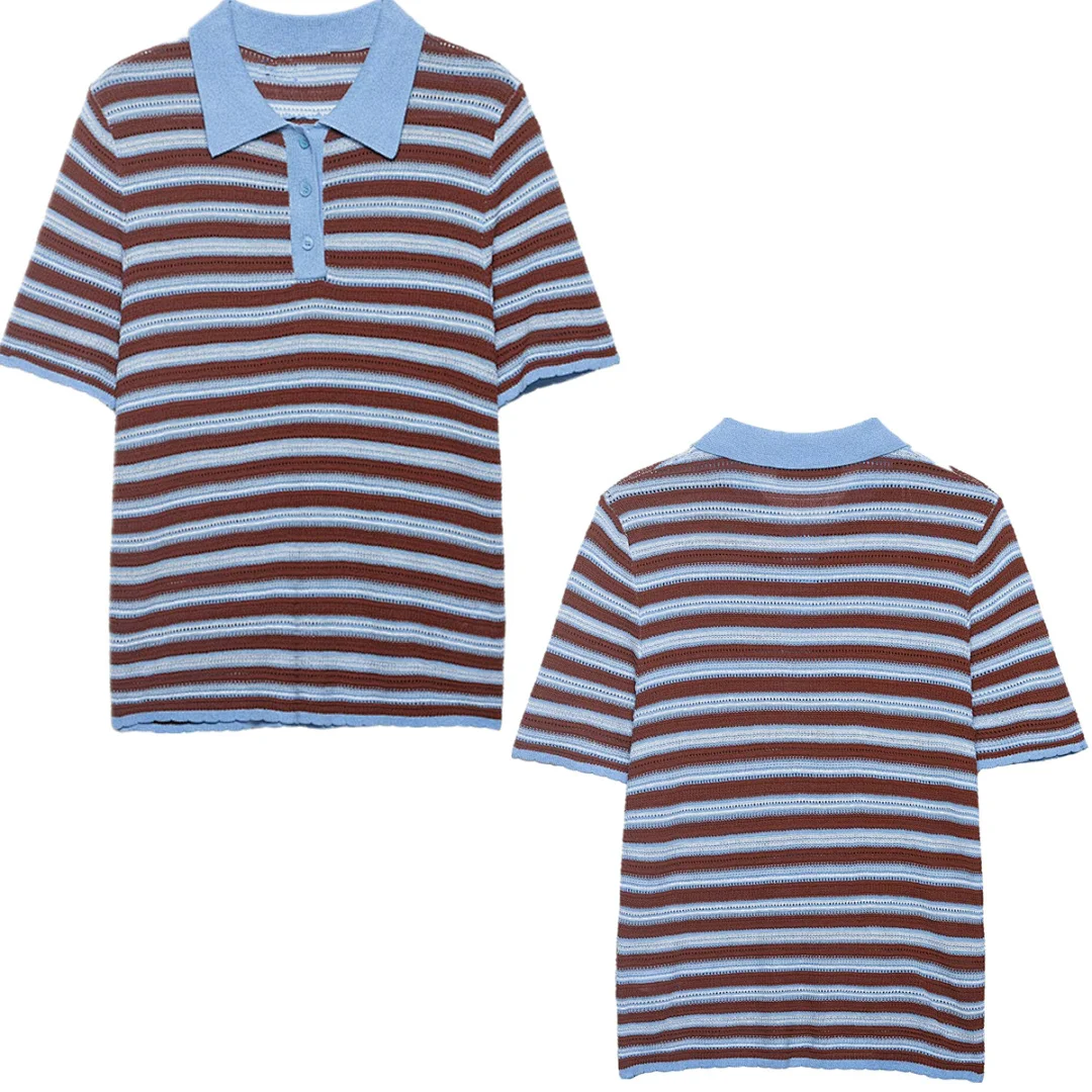 

Maxdutti Summer Nordic Minimalist Retro Striped Polo Shirt Women Tops Knitted Rib Soft T-shirt Woman Clothes Female Clothing