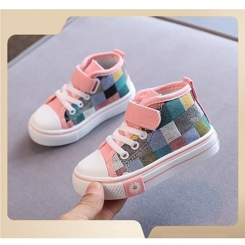 Children New Fashion Canvas Shoes Boys Girls Flower Plaid Prints Board Shoes High Top Soft Sole Non Slip Hook and Loop Shoes