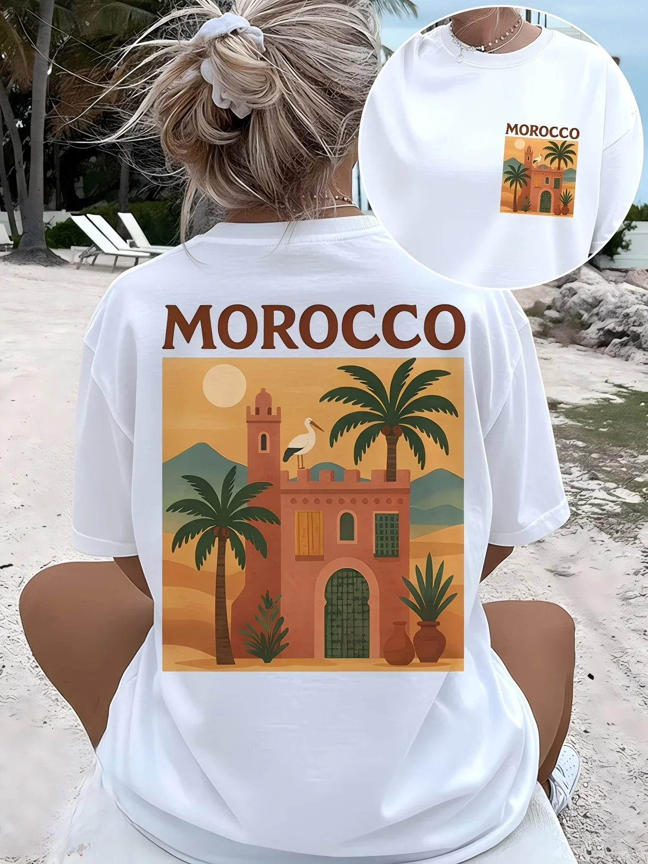 Morocco Graphic T-Shirt Women Tropical Desert Scenery Print Tee Vintage Aesthetic Harajuku Short Sleeve Casual Summer Top