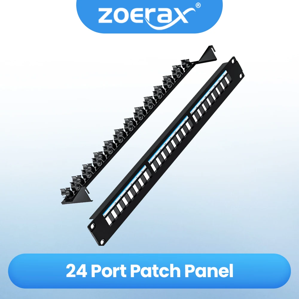

ZOERAX 24-портовая пустая патч-панель UTP/STP с регулируемой задней панелью управления кабелем для RJ45 CAT5e, CAT6, CAT6A, USB, HDMI