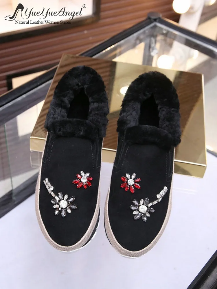 

New Versatile Women Fashion Slip On Real Suede Leather Comfortable Round Toe Thick Platform ShoesStrap Elegant Female Footwear
