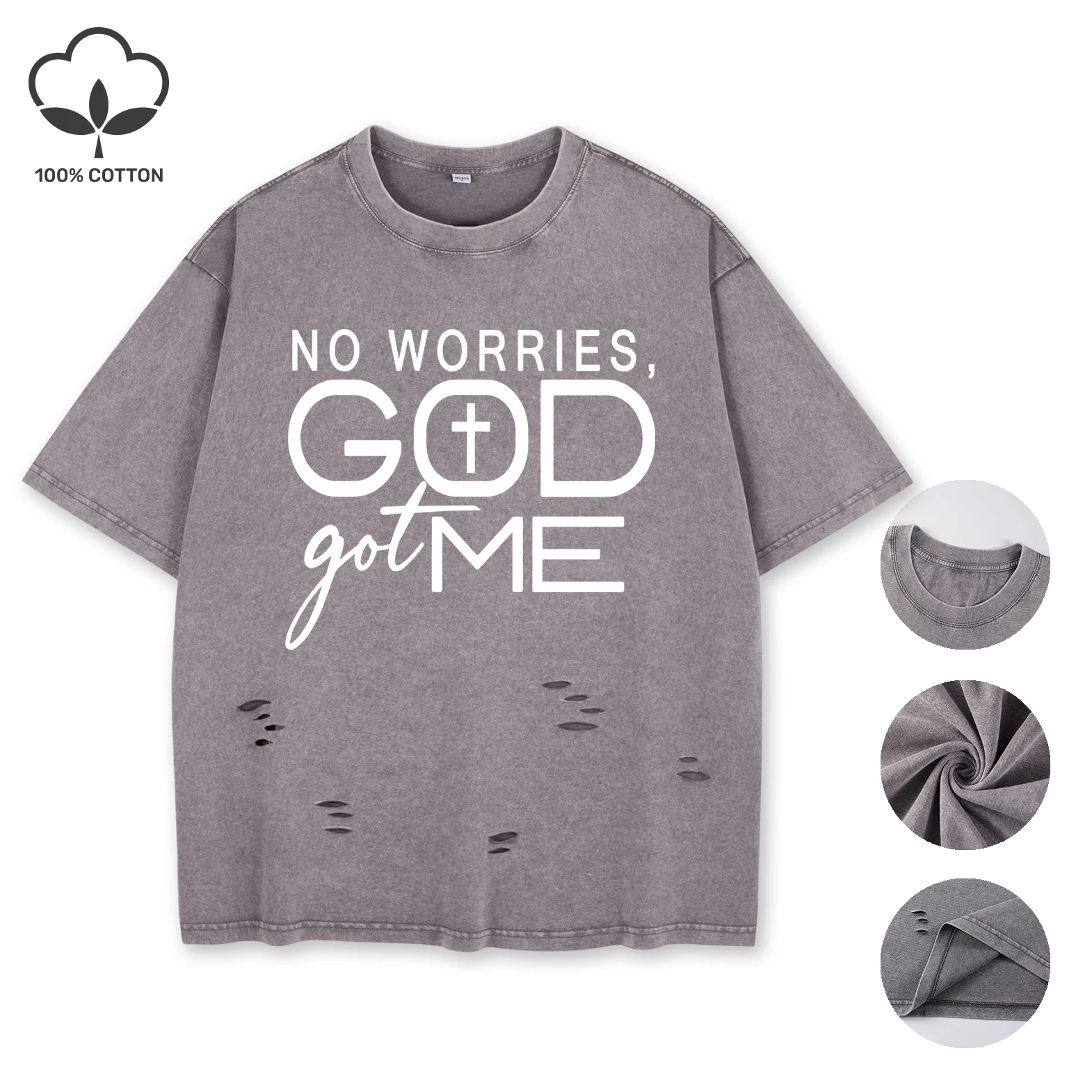 

No Worries God Got Me Creative Slogan Female Holes T-Shirts Hip Hop Washed Tee Soft Clothes Unisex Women Cotton Streetwear