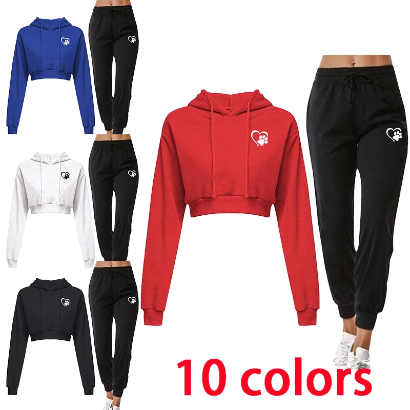 Fashionable and sexy two-piece set with exposed navel women's slim fit sports set exposed navel hoodie+pants women's sports set