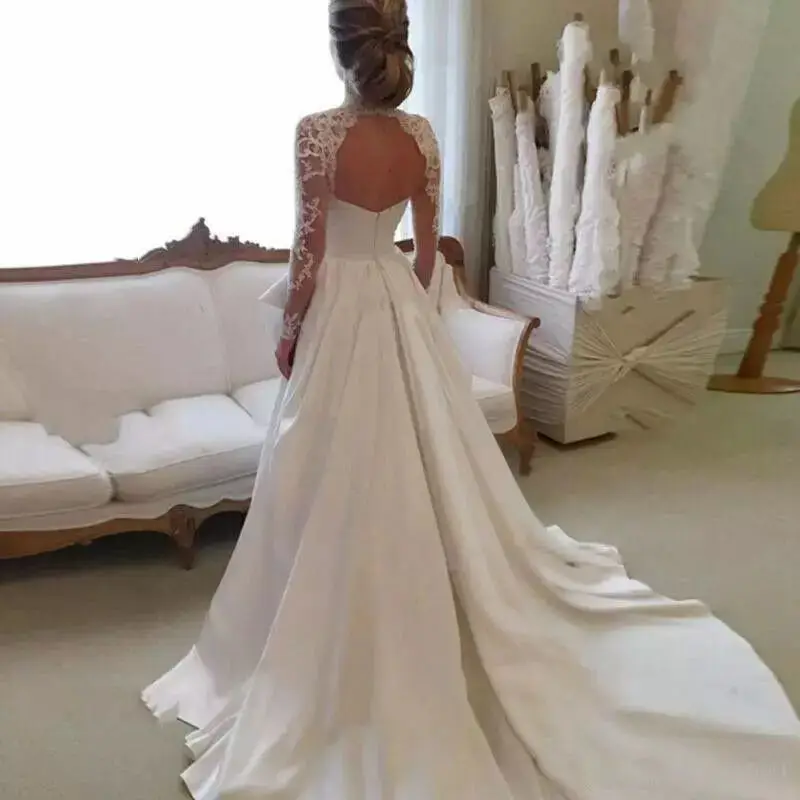 

MYYBLE Long Sleeves Vintage Wedding Dresses Sweep Train Vestido De Novia Lace Satin Open Back 2023 Custom Made Robe De Mariee