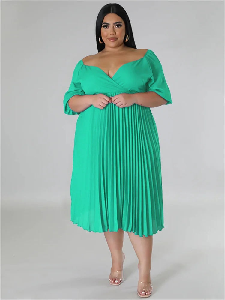 Wmstar Plus Size Women Clothing Dresses for Women Party Solid  V Neck Maxi Dress Fashion Pleated Outfits Wholesale Dropshipping