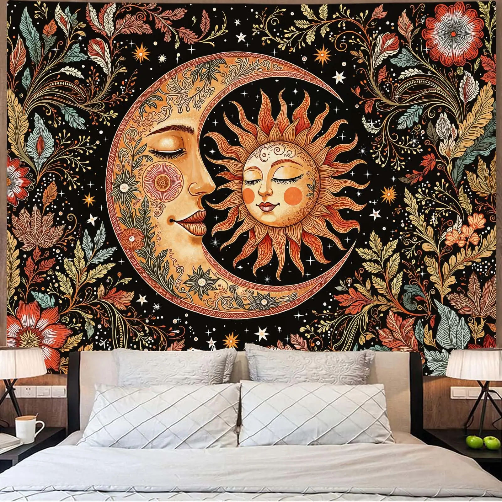1PC Boho Sun Moon Floral Brown Red Print Tapestry, Boho Style, Bedroom Living Room Kitchen Wall Hanging, Polyester, Wall Art