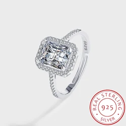 Fashionable and Elegant Authentic S925 Silver Square Zircon Sugar Cube Geometric Engagement Ring Luxury and Versatile