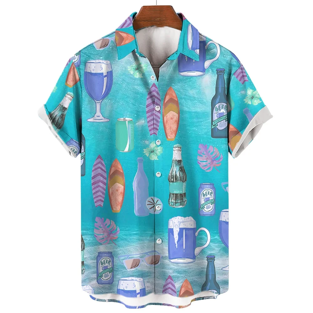 Camisa con estampado 3D de cerveza Hawaiana para hombre, ropa de calle informal, Blusa de manga corta, ropa de verano