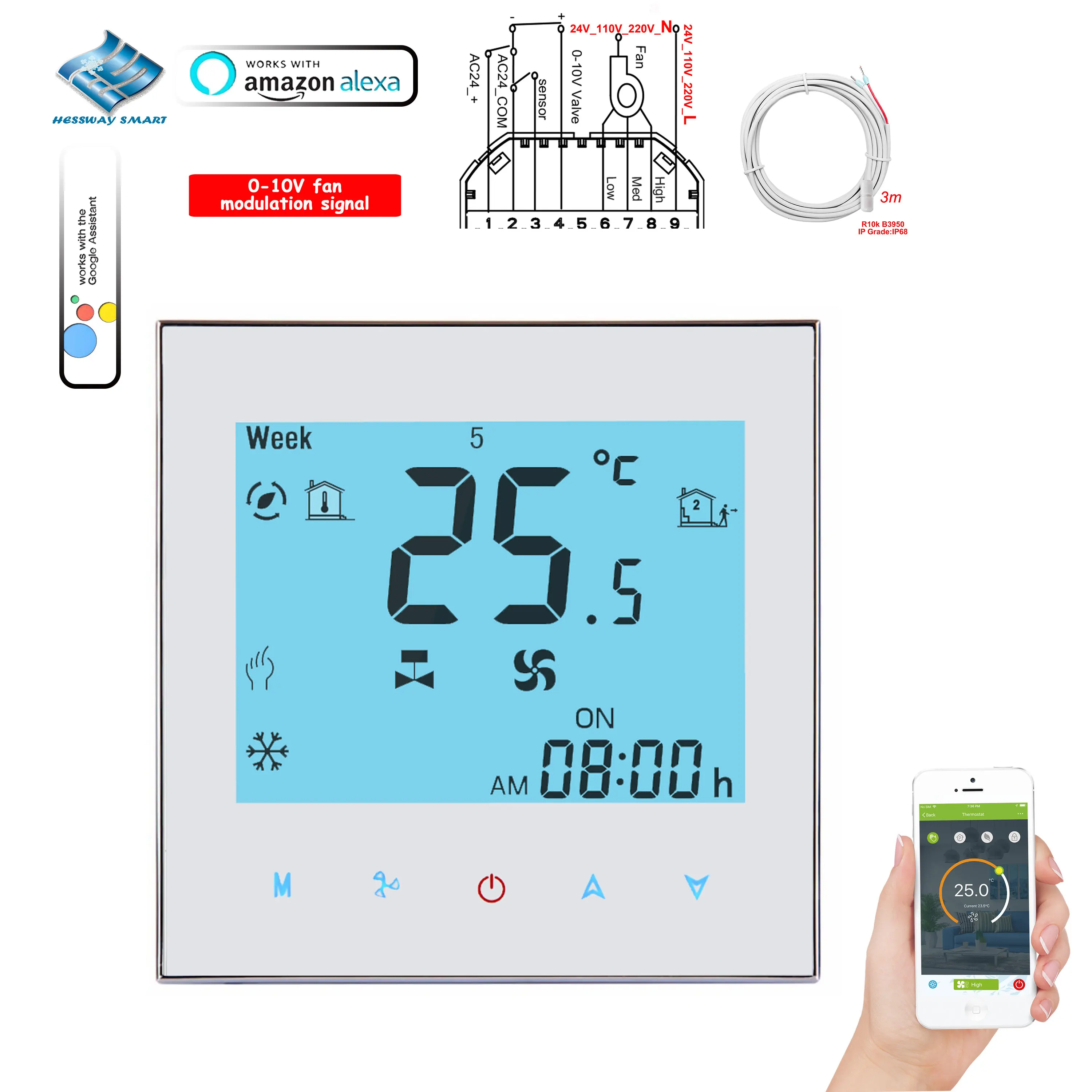 WIFI Cooling Heating Thermostat WIFI with External Sensor 3-Speed Fan Control Isolation Voltage,0-10V Valve BMS RS485 Optional