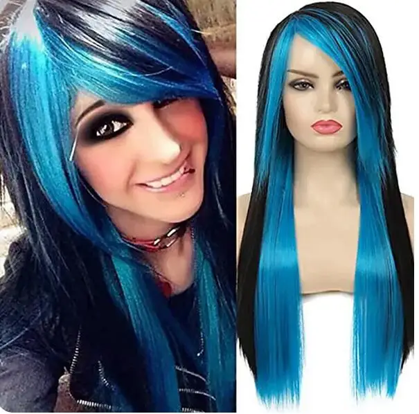 Cabelo comprido sintético com franja lateral para mulheres, vermelho, preto, reto, resistente ao calor, fantasia de Halloween