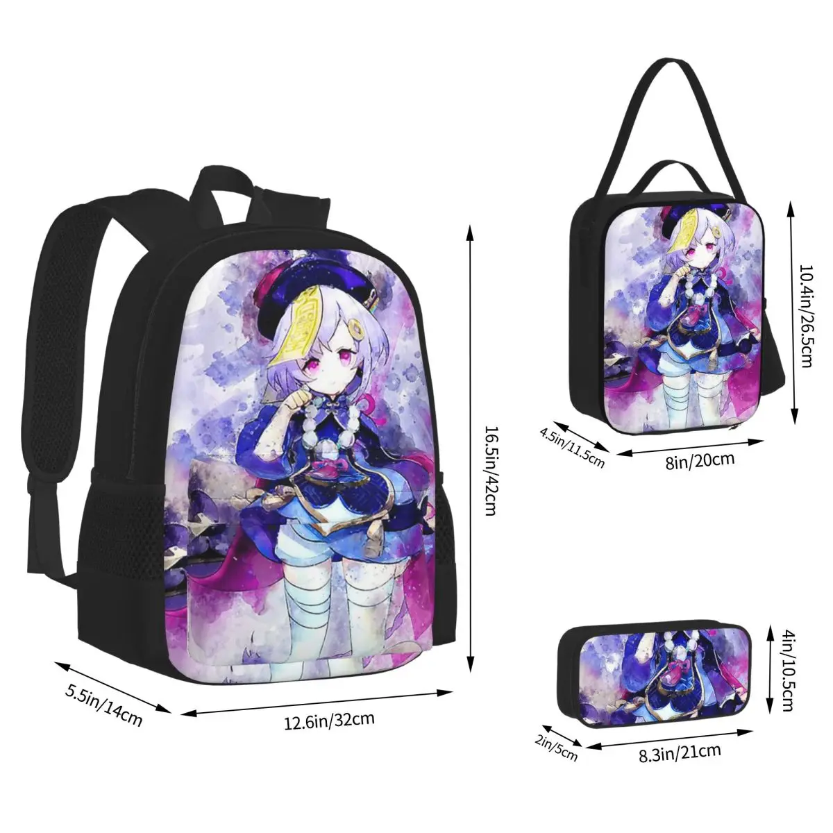 Genshin Impact - Qiqi sacs à dos garçons filles Bookbag enfants sacs d'école enfants sac à dos sac à déjeuner sac à stylos ensemble de trois pièces