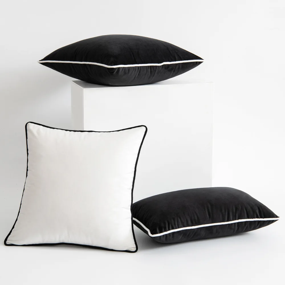 Black and White Velvet Hemming Pillowcase Simple Nordic Style Pillow Cases 60x60 Modern Light Luxury Cushions Cover