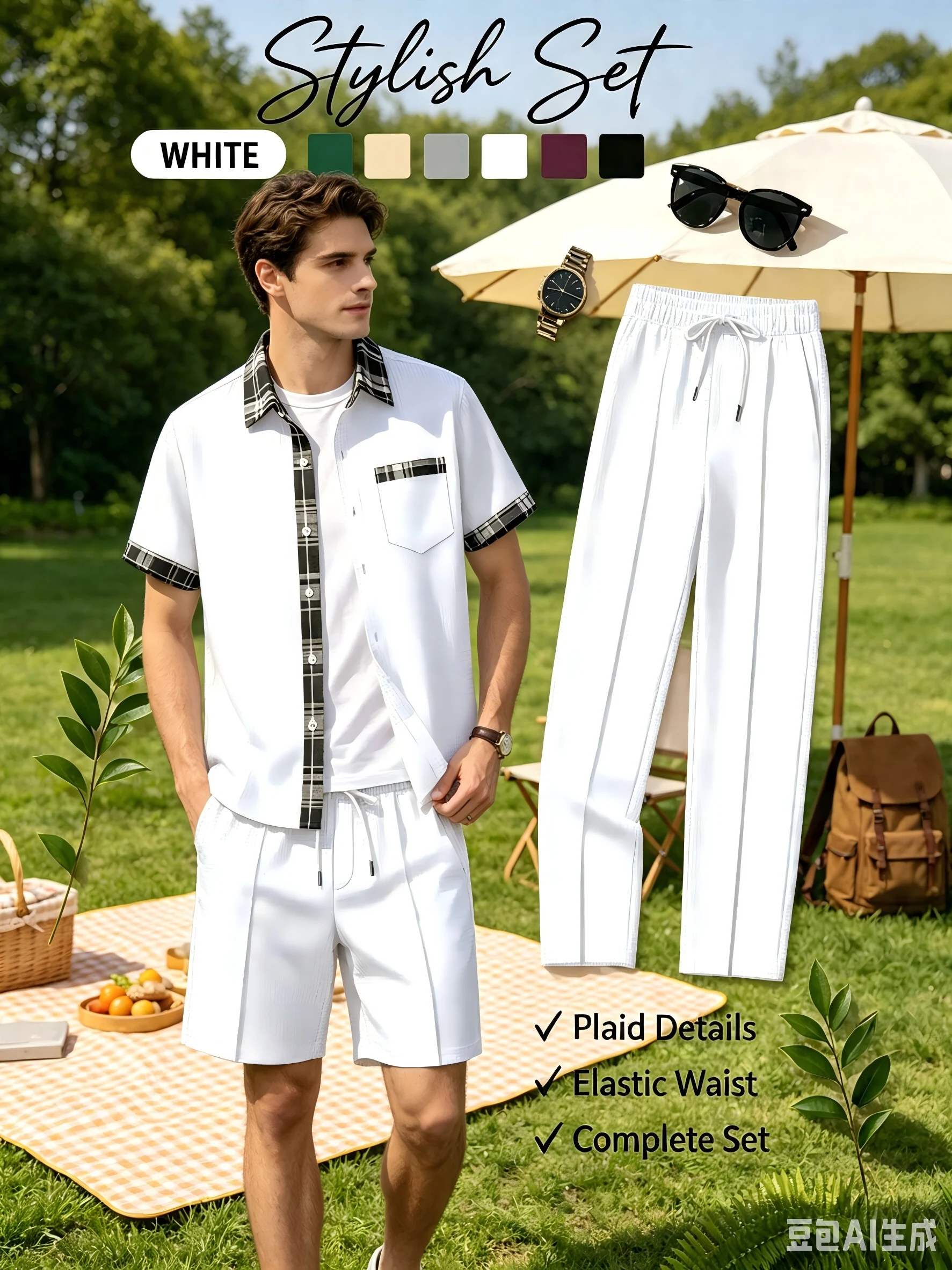Men'sWaffle 3-in-1 Outfit Set Plaid Trim Lapel Short Sleeve Shirt+Drawstring Long Pants & Shorts Summer Casual Two-Way Wear Suit - view 6
