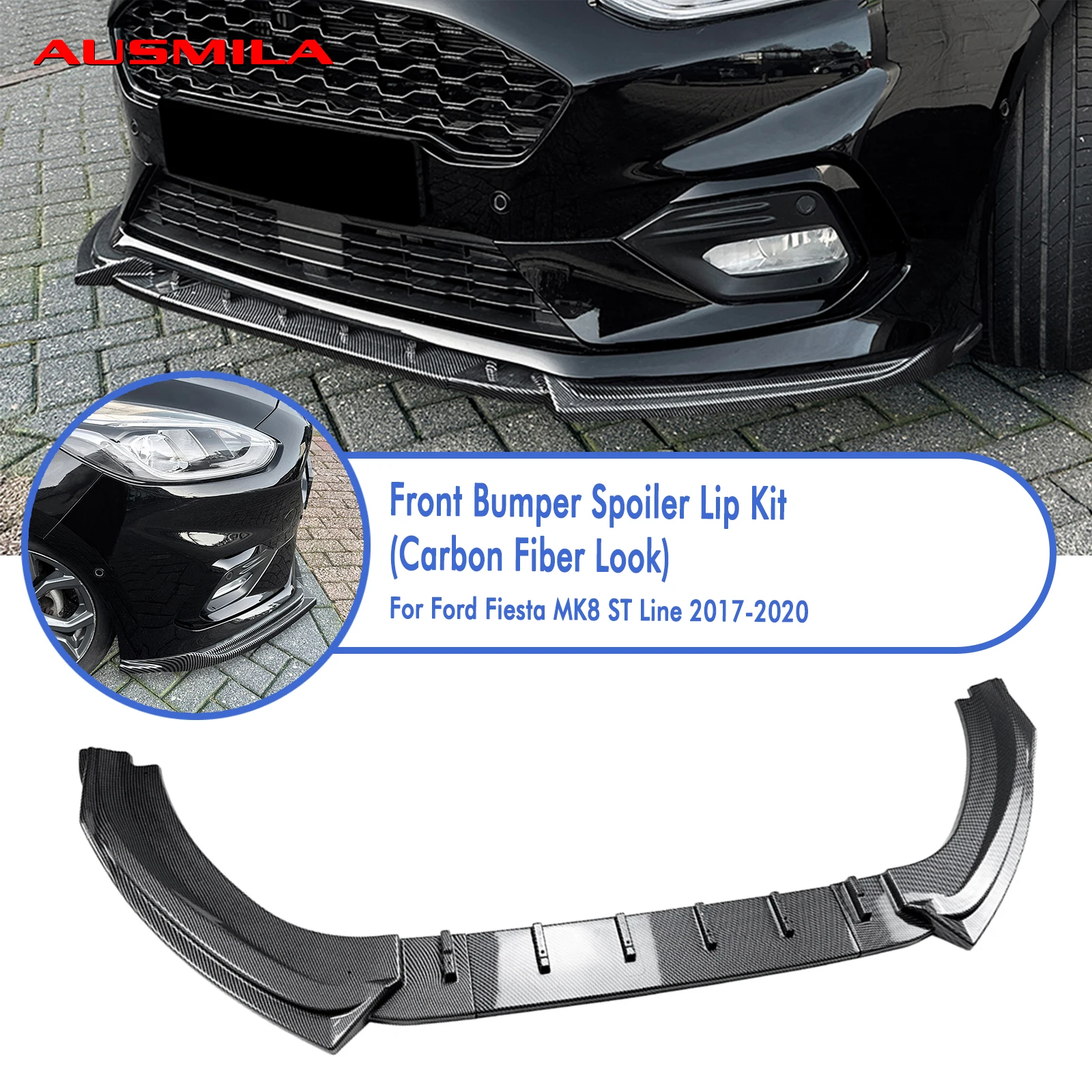Carbon Fiber Look/Gloss Black Front Bumper Lip Spoiler Splitter For Ford Fiesta MK8 ST Line 2017-2020 Lower Blade Protector Kit