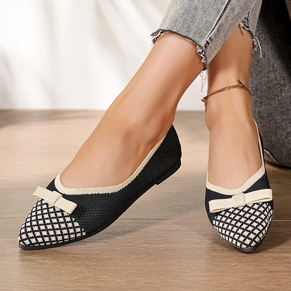 Zapatillas de ballet de punto para mujer, con punta afilada, diseño a cuadros y lazo decorativo, de fácil calzado, transpirables, con suela suave, ideales para el uso diario, para caminar y para ocasiones informales.