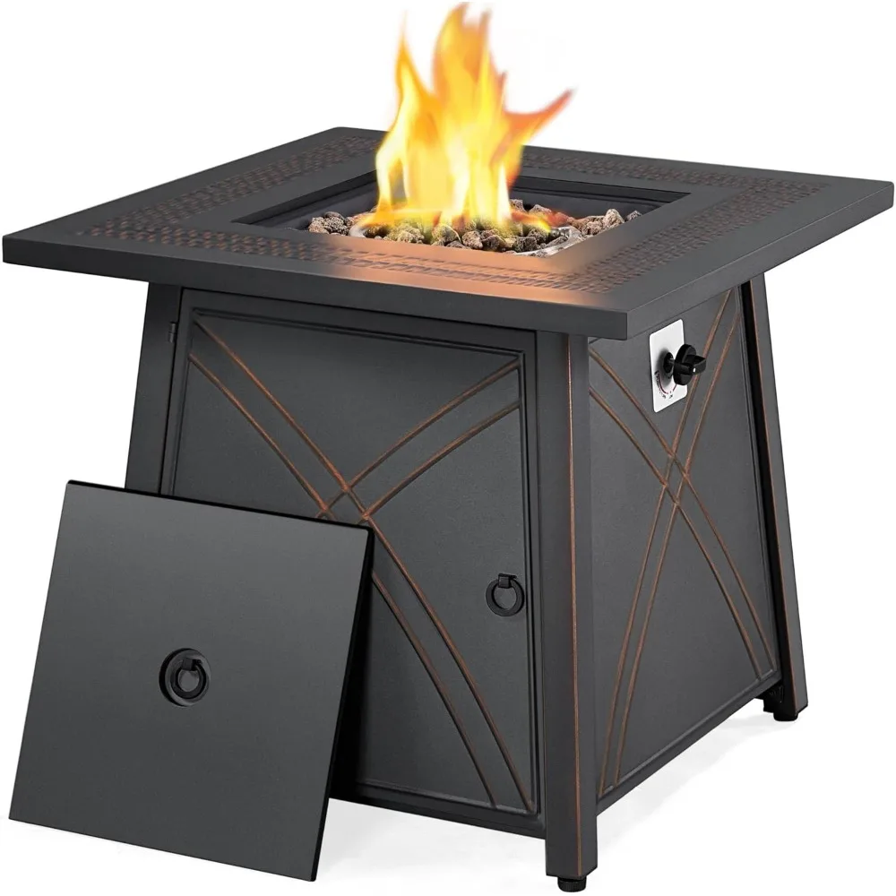 28inch Outdoor Gas Fire Pit Table Propane Fire Pit with Lid and Lava Rocks, Multifunctional 2 in 1 Gas Firepit for Patio